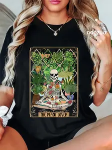 100% Cotton Unisex The Plant Lover Tarot Card Skeleton Spooky Season Halloween T-Shirt
