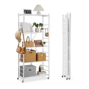 VEVOR 5-Tier Foldable Steel Storage Shelf, 32W x 14D x 72H in Folding Metal Rack, No-Assembly Organizer with 5 Wheels & 4 Hanging Hooks for Pantry, Garage, White