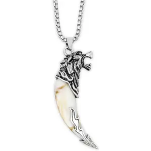 Silver Plated Wolf Tooth Necklace Mens Wolf Animal Tooth Fang Pendant Necklace Retro Wolf Head Spear Chain Necklace for Men Ceremony Gift Jewelry