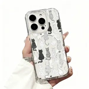 Dynamic Black and White Cat Silhouettes Hand-Drawn Transparent Thickened Shockproof Hard Case with Magnetic Ring Supports Wireless Charging for iPhone 17/16/15/14/13/12/11/X/XS/Plus/Pro/Max/air - A Top Choice for Fresh and Stylish Gifts,