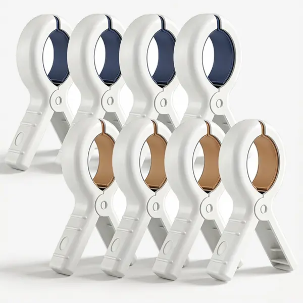 Jumbo Beach Towel Clips 8 Pack - 5.1 Inch Sturdy Clips for Beach Lounge Chairs Pool Cruise Essentials Khaki & Blue Colors