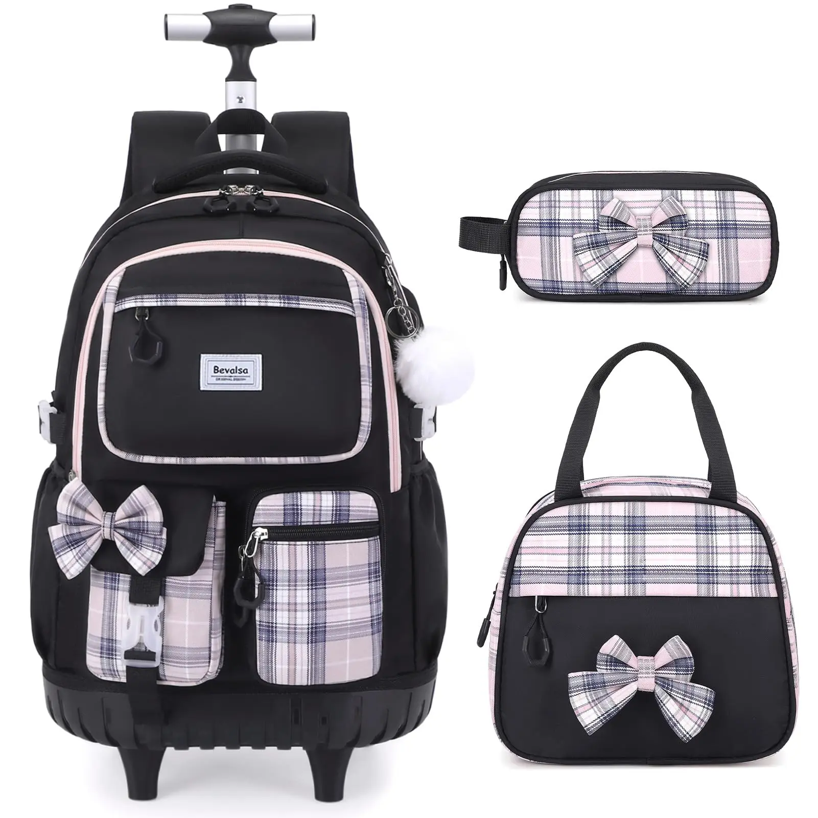 SIMILOVE Girls Rolling Backpack Set, Carry-On Size Wheeled School Backpack with Lunch Bag and Pencil Case, 25L Large Capacity Travel Bag for Kids