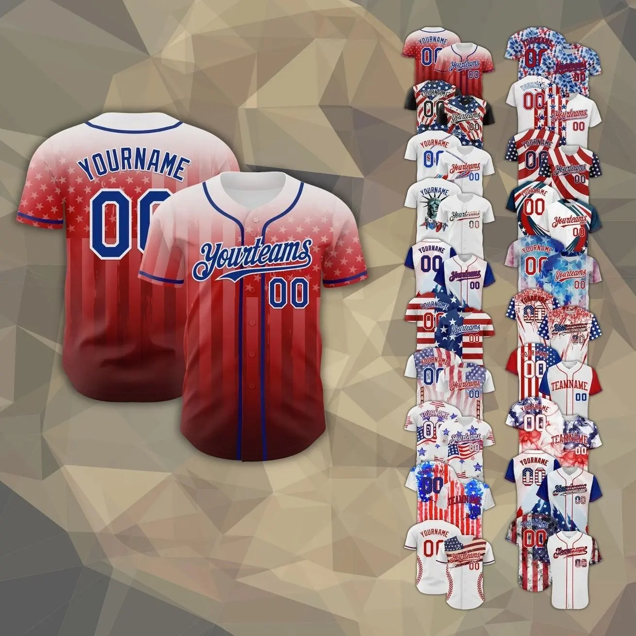 Custom Patriotic Baseball Jersey with Team Name & Number, American Flag Button-Front Softball Shirt, USA Game Day Uniform, Multiple Colors