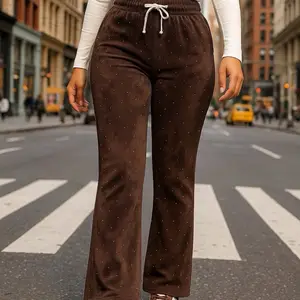 Brillo Pants - Brown Velvet Joggers with Polka Dots & Drawstring Waist for Comfortable Wear