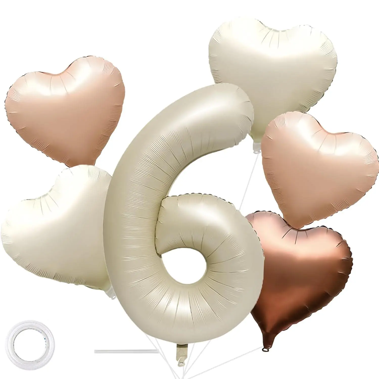 40 Inch Cream White Number 6 Birthday Balloons Milky White Large Big Foil Helium Mylar Number Balloon With 5Pcs Heart Balloons For First Six Year Girl And Boy 6St Birthday Decoration