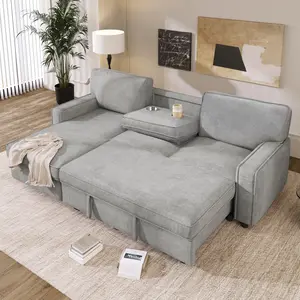 [Bellemave] Upholstery Sleeper Sectional Sofa with Storage Space, USB port, 2 cup holders on Back Cushions