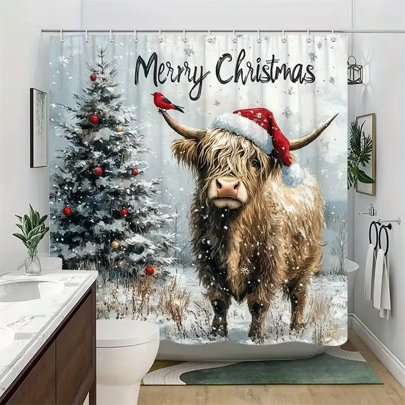 Highland Cow Christmas Hat Shower Curtain, Snowy Tree Design, Perfect for Bathroom Decor, Easy to Clean, Multiple Sizes Available, Includes Hooks