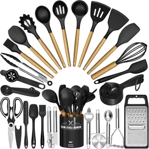 Kitchen Utensils Set- 34PCS Silicone Cooking Utensils with Holder,  Heat Resistant Kitchen Utensil Spatula Set for Nonstick Cookware, Black Wooden Handles Kitchen Gadgets Tools Set