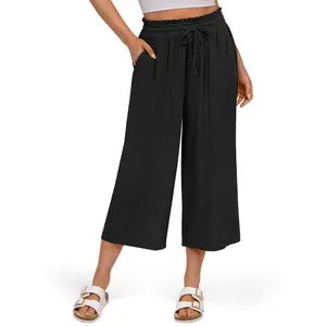 UEU Womens Linen Pants Wide Leg Casual Loose High Waist Drawstring Palazzo Capri with Pockets Womenswear Comfort Basic Trouser Cozy Solid Sweatpants