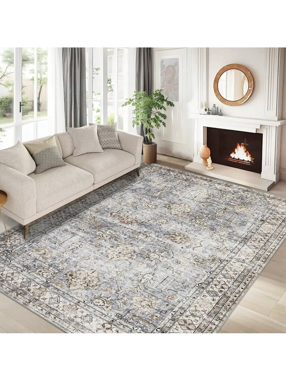 【Christmas Gift】Blue-10*13 feet  Vintage Machine Washable Area Rug For Living Room Non Slip Non Shedding Distressed Floral Print Neutral Carpet Low Pile Stain Resistant Indoor Foldable Floor Cover For Living Room Bedroom Kitchen Playroom Under Table