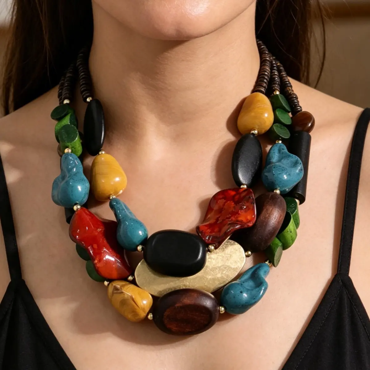 Female Bohemian Look Retro Non-Natural Crystal Necklace, Varied Stones Multi-Color Beaded Minimalist Pendants, Daily, Ethnic, Minimalist Non-Natural Crystal Necklaces & Pendants
