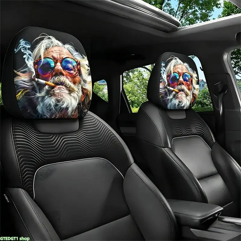 Gothic Cool Old Man Smoking Car Headrest Covers 2 Pcs, Spooky Double Sided Printed Stretchable Pillow Sleeves, Stylish Interior Decoration Fits Most Vehicles for Daily Road Trip Use