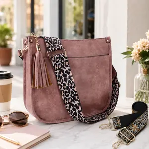 Crossbody Bag for Women with 2 Straps, Soft Vegan Leather Shoulder Purse, Leopard Strap & Woven Strap, Lightweight Everyday Hobo Bag for Travel, Work & Shopping