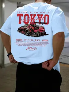 Men's Regular Fit Car Letter Print Tee, Casual Streetwear Tops, Soft Breathable Daily Wear Tshirt, All Season Round Neck Short Sleeve, Tropical Fashion Basic Top for Men