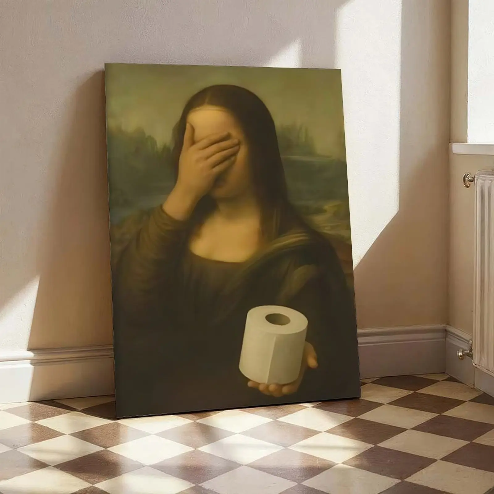 Mona Lisa Parody Canvas Wall Art Print - Retro Humorous Artistic Decor, Unusual Creative Piece for Bathroom, Kitchen, Art Work for Wall Decor