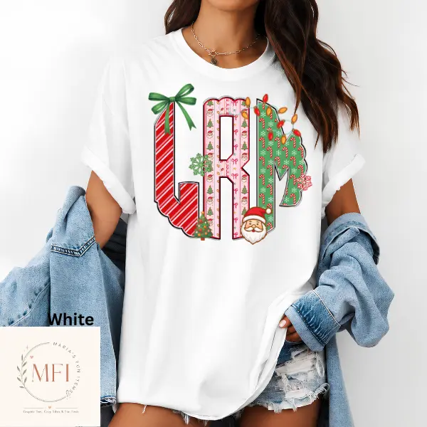 Preppy Christmas Monogram  Comfort Colors T shirt, Custom Christmas Coquette Graphic Tshirt