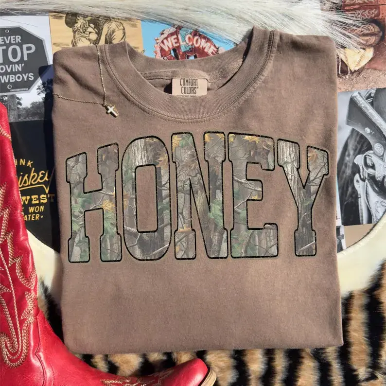 Comfort Colors Retro Camo Western T-Shirt, Honey Retro Camo Country Distressed Cowboy Quote, Camouflage Shirt, Western Concert Tee, Southern T-Shirt, western clothing, punchy western wear, cute western tops