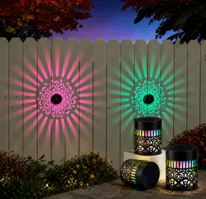 Seven-Color Changing Solar Mandala Projection Wall Light Decorative Solar Mandala Lights Outdoor Waterproof Metal Fence Lights for Yard Garden Post Patio Backyard Decor (2pcs)