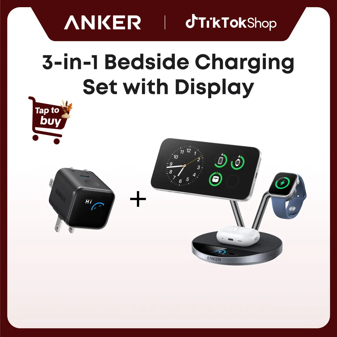 Anker Prime Foldable 3-in-1 Magnetic Charging Station, MagSafe-Compatible Qi2 25W Induction Wireless Charger Dock Stand with Smart Display, TEC Active Cooling, 45W Fast USB-C Charger & LED Display for Mobile iPhone 17/16/15 Series, MacBook