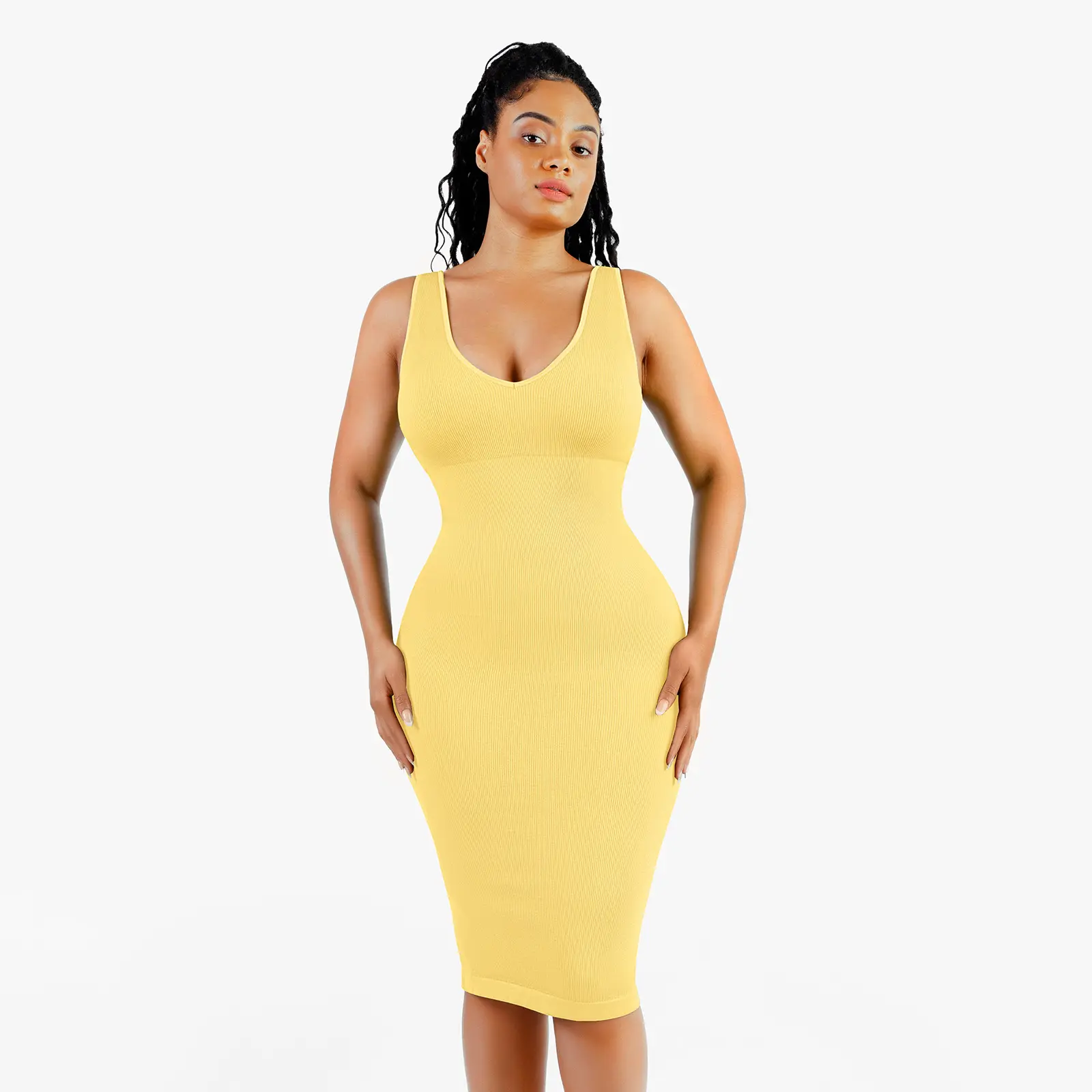 Popilush  Deep V-Neck Tummy Control Midi Dress for Women's Fashionable Wear Casual Soft Feminine Seamless