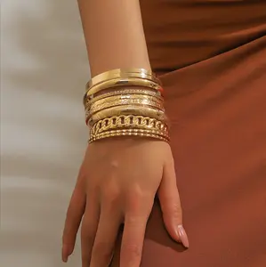 Gold Bangle  for Women Indian Bangles Stackable Set Multi Layer Textured Gold Plated Chunky  Boho Jewelrys Set 10pcs