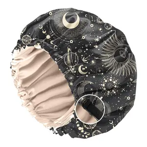 Satin Hair Bonnet Silk Bonnet for Sleeping Double Layer Elastic Adjustable Caps Reusable Cute Aesthetic for Women Girls-Moon