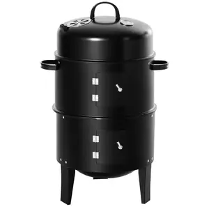 Outsunny Vertical Charcoal BBQ Smoker, 3-in-1 16" Round Charcoal Barbecue Grill with 2 Cooking Area, and Thermometer for Outdoor Camping Picnic Backyard Cooking, Black