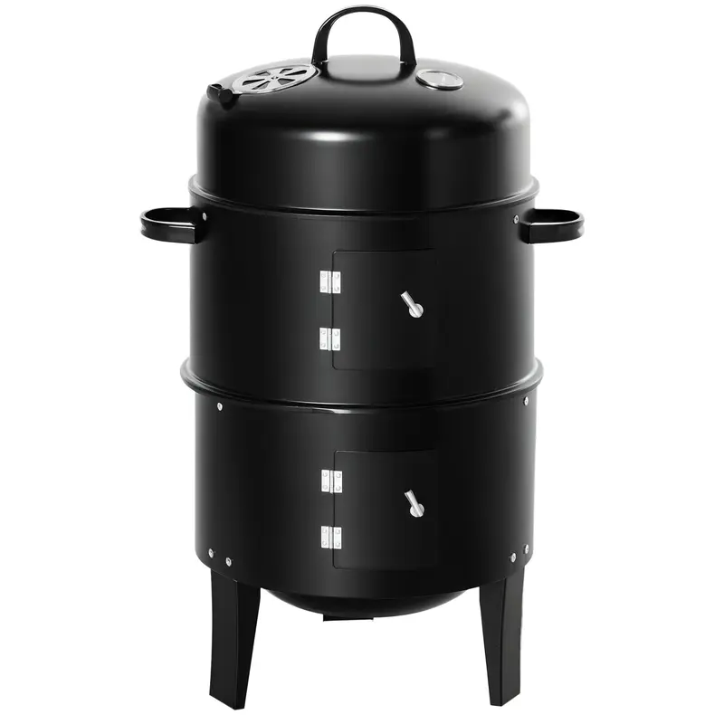 Outsunny 3-in-1 Portable Charcoal BBQ Grill-Smoker, 16-in Round Stainless Steel Outdoor Barbecue Grill with Fire Pit, Lid, 2 Dual Rack Cook Racks, Handles, Thermometer, Adjustable Vent, Wood-Compatible, Black, Meat & Food Ready, Assemble Required,familyfu