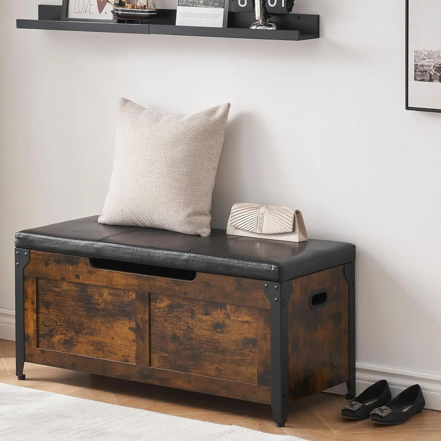 Modern Armless Lift-Top Wooden Storage Bench with Metal Frame - 39.4" Cushioned Seat, 2-Hinge Large Organizer for Entryway, Bedroom, Multi-Functional Cushioned Large Storage Bench, Cushioned Storage Benches, Large Storage Benches