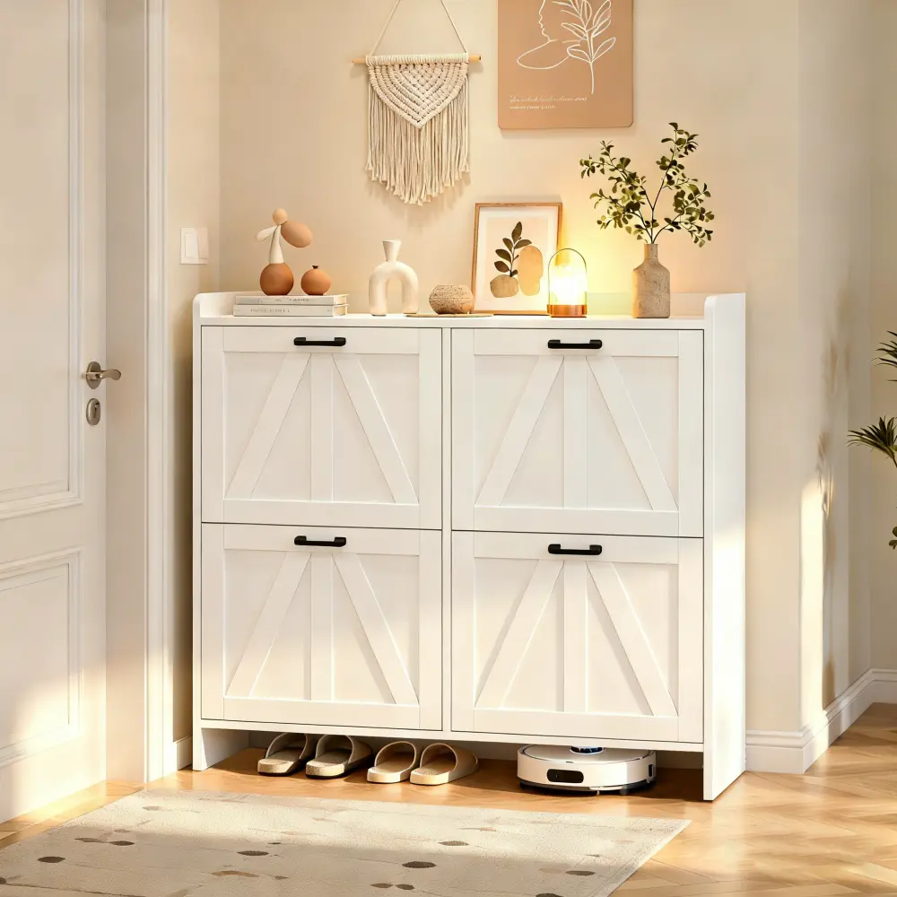 White Modern Fence Shoe Cabinet - 4 Flip Drawers Storage Cabinet, Barn Door Design, Divided Shoe Organization, Slipper Space, Bottom Clearance, Compact Versatile Entryway Organizer for Living Room