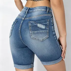 Y2K Lift Hip Gradient Rip Knee Length Cuff Denim Bike Shorts Pocket Detail