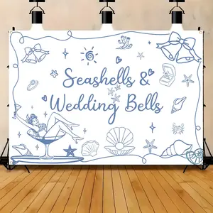 One item, a banner with shells and wedding bells, made of polyester, is highly suitable for decorating a beach bachelor party. It can serve as the backdrop for a beach wedding celebration and is also suitable for a beach-themed bachelor party.