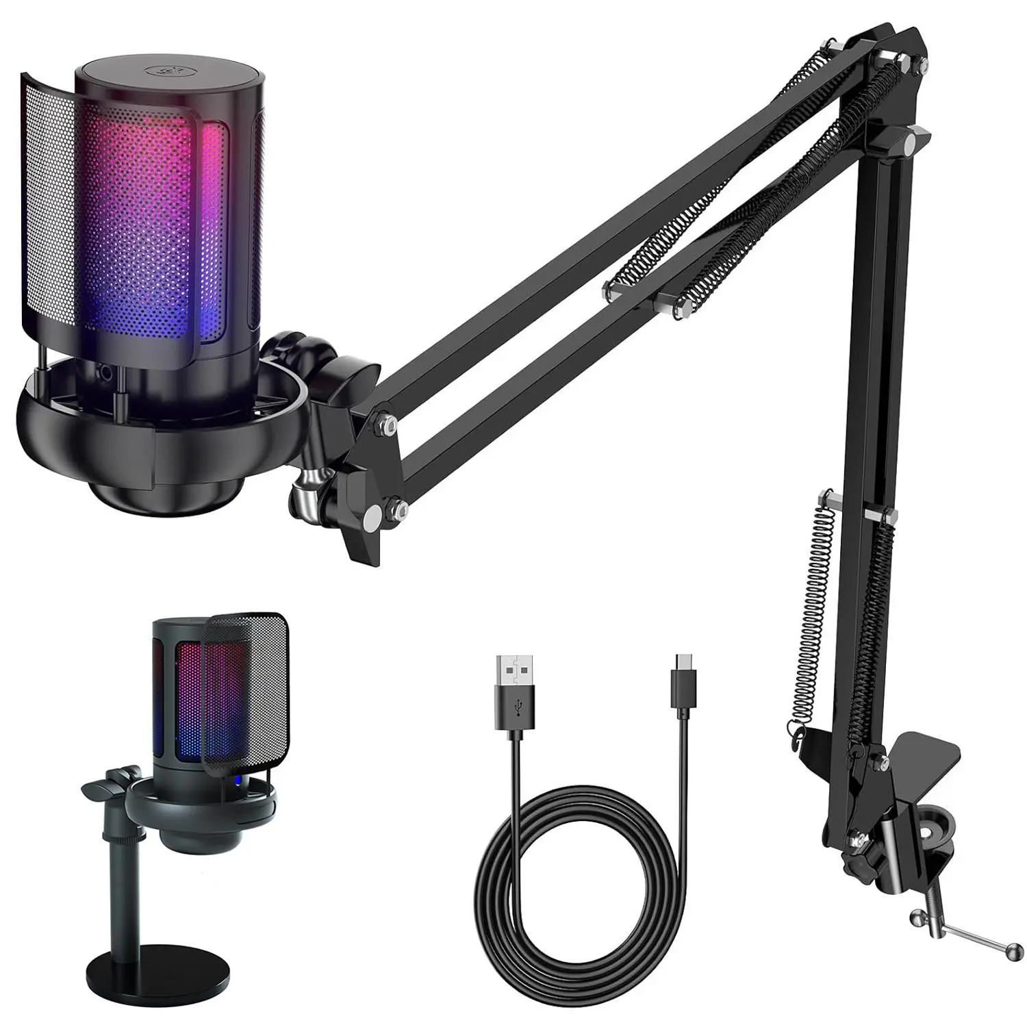 USB Condenser Microphone, USB Microphone with Wired Recording, Quick Mute, Adjustable Cantilever Stand, Pop Filter with RGB Indicator with Shock Mount and Volume Control, Suitable for PS4, PS5, PC and Singing Mic