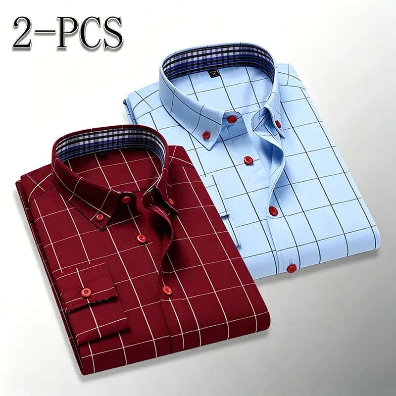Men's 2-Pack Classic Checked Long Sleeve Polyester Cotton Shirt, Business Casual Fitted Oxford Top for Work, Plaid