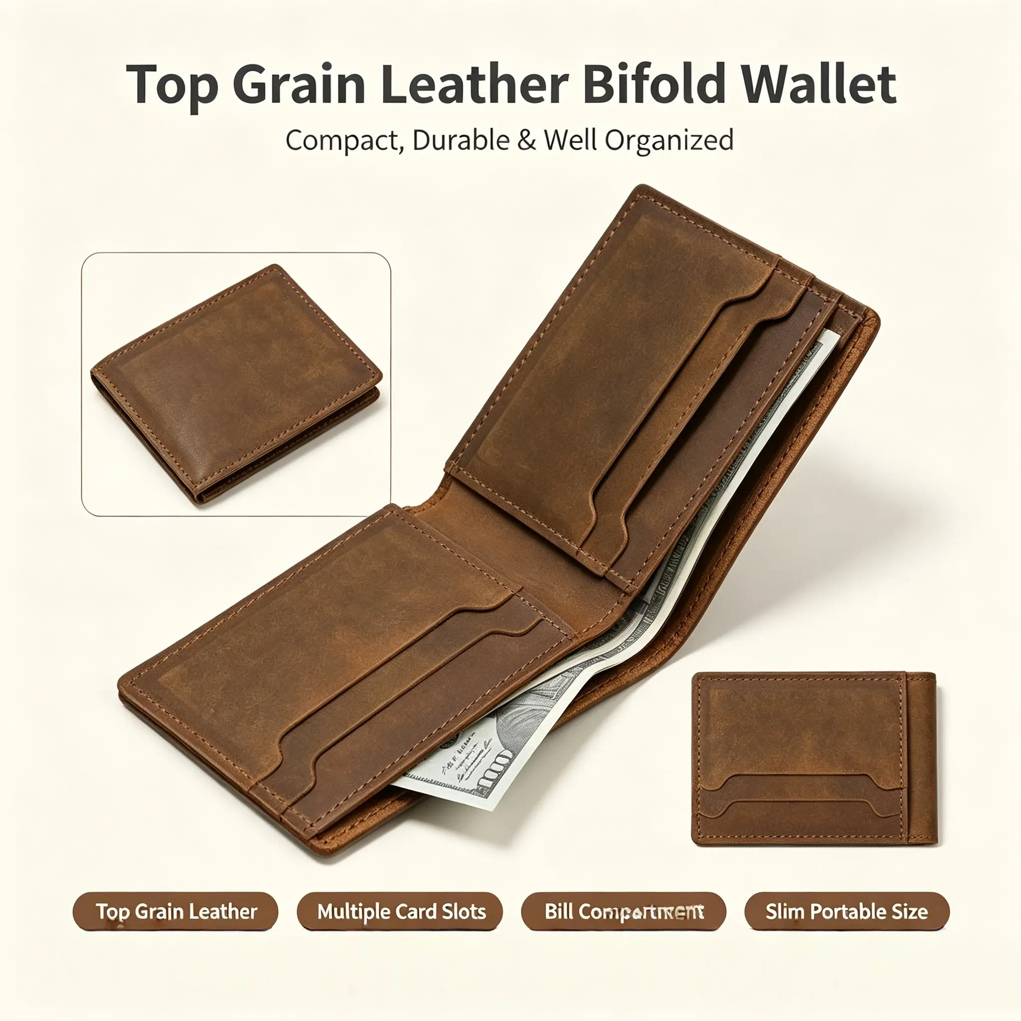 Handmade Vintage Crazy Horse Leather Wallet for Men, Minimalist Distressed Genuine Leather Horizontal Billfold Purse with 4 Card Slots