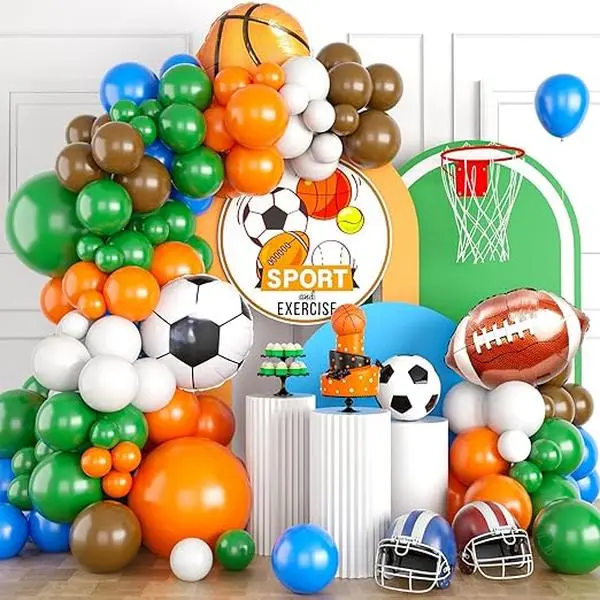 Sports Party Balloon Arch Garland Kit, Green Orange Blue Brown Balloon Garland with Soccer Basketball Baseball Football Foil Balloon, Boys Girls Birthday Gender Reveal Graduation Party Decor Supplies