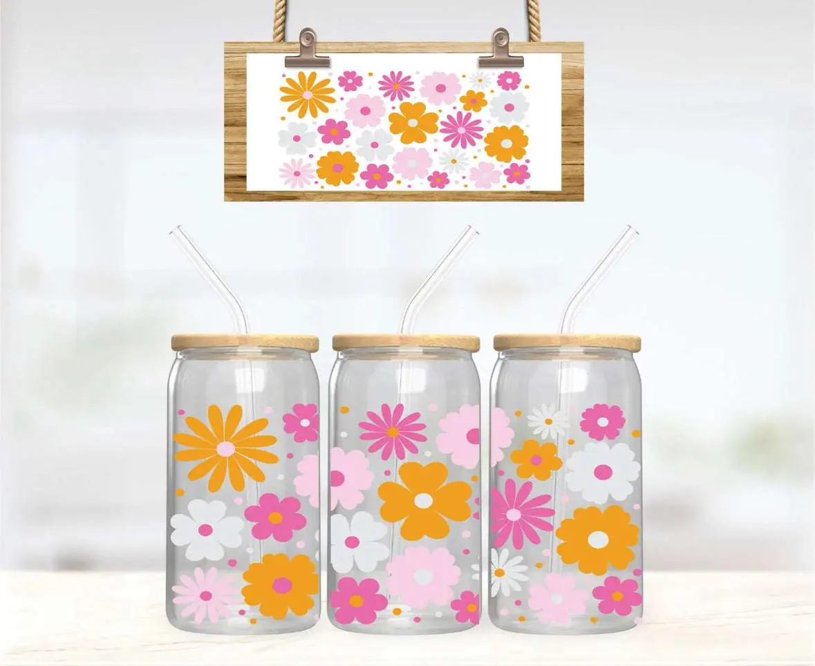 Retro Daisy 16oz Libbey Can Glass – Vintage Floral Glass Cup with Wrap Design | Dishwasher Safe
