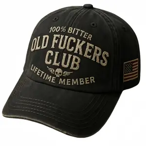 Unisex Vintage Baseball Cap - Old Fuckers Club 100% Bitter Lifetime Member, Hand-Embroidered, Adjustable, Washable, Bold Graphic, Black Embroidery, Casual Hat, Bold Graphic Hats, Black Embroidery Hats