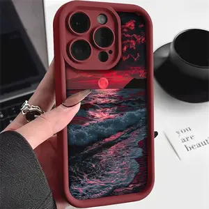 Red Sunset Beach Wave Pattern Phone case for iPhone 16 Pro Max 15 Plus 14 13 12 11 XR XS Shockproof Silicone TPU Bumper Drop Protection Soft Cover