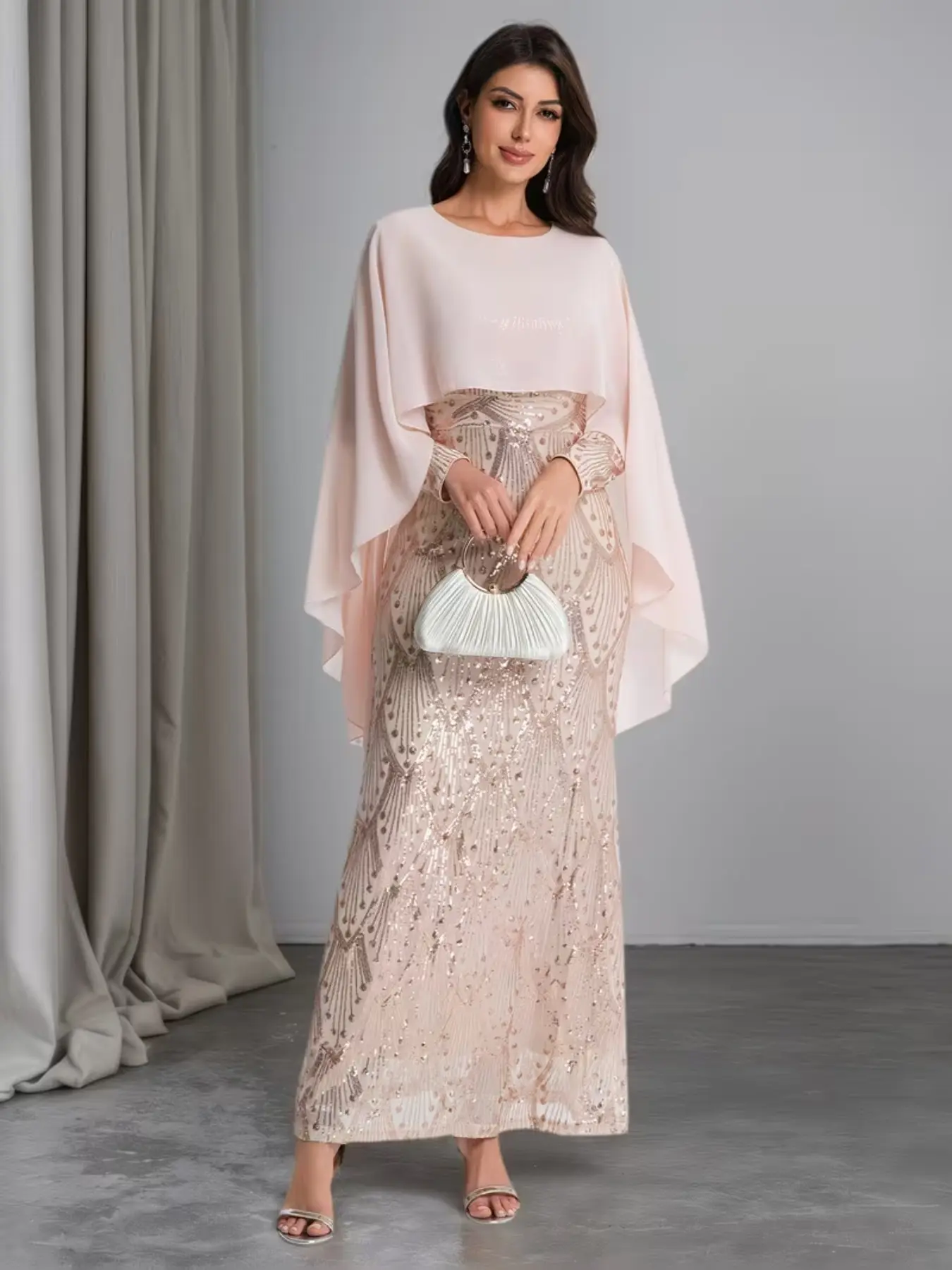 Elegant Long Sequin Embroidered Evening Gown, Slim-Fit X-Shape Long Sleeves Womenswear Dress for Weddings & Parties, Special Occasion Formal Attire