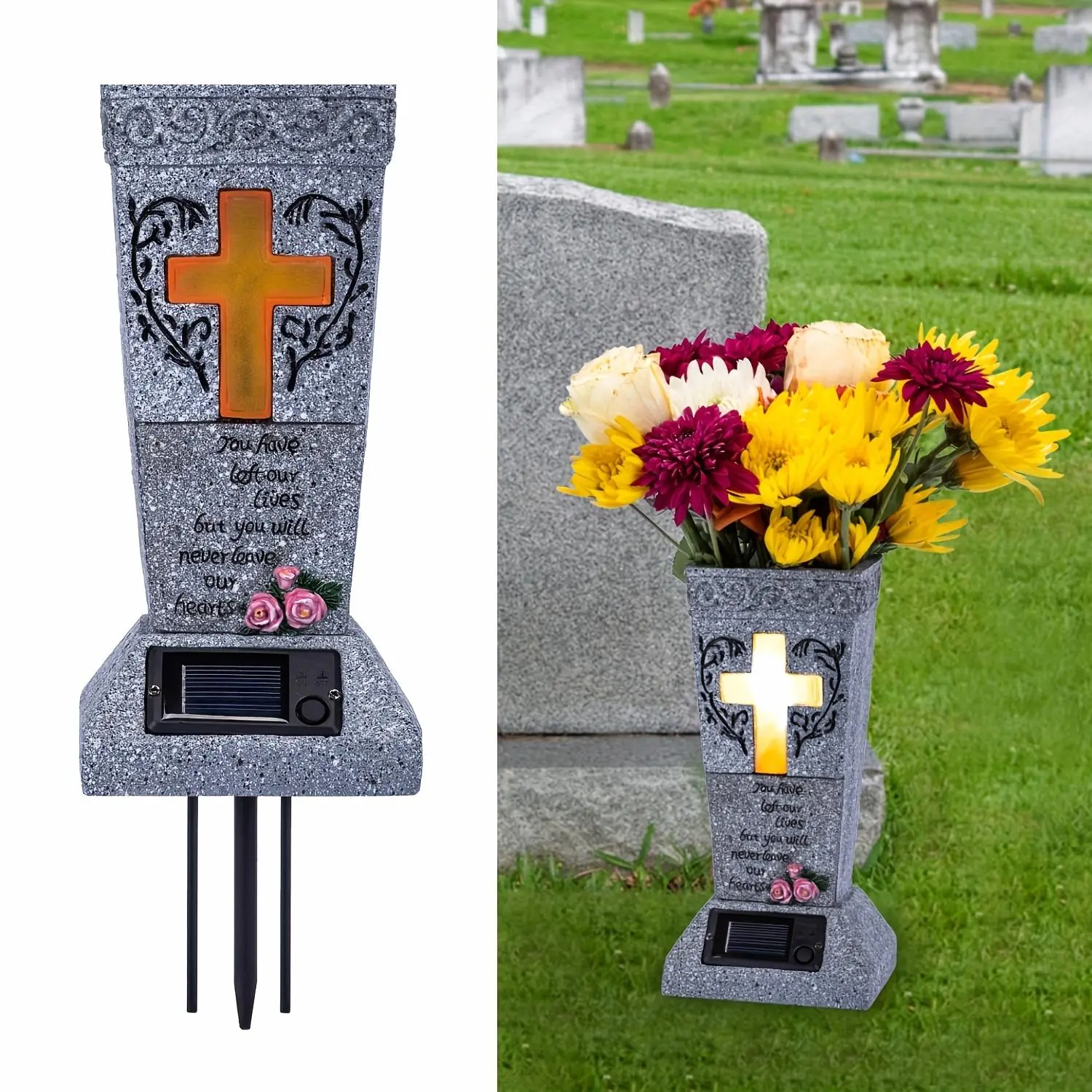 Grey Solar Cemetery Grave Vase with LED Lights & Spikes - For Fresh/Artificial Flowers on Headstones, Memorial Decor Gift for Grieving Loved Ones - Battery-Not-Included Garden Memorial Ornament