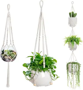 3 Pack Macrame Plant Hangers with Wood Beads – Indoor Hanging Planter Baskets for Flower Pots, Decorative Plant Holders (Ivory White, Pots Not Included)