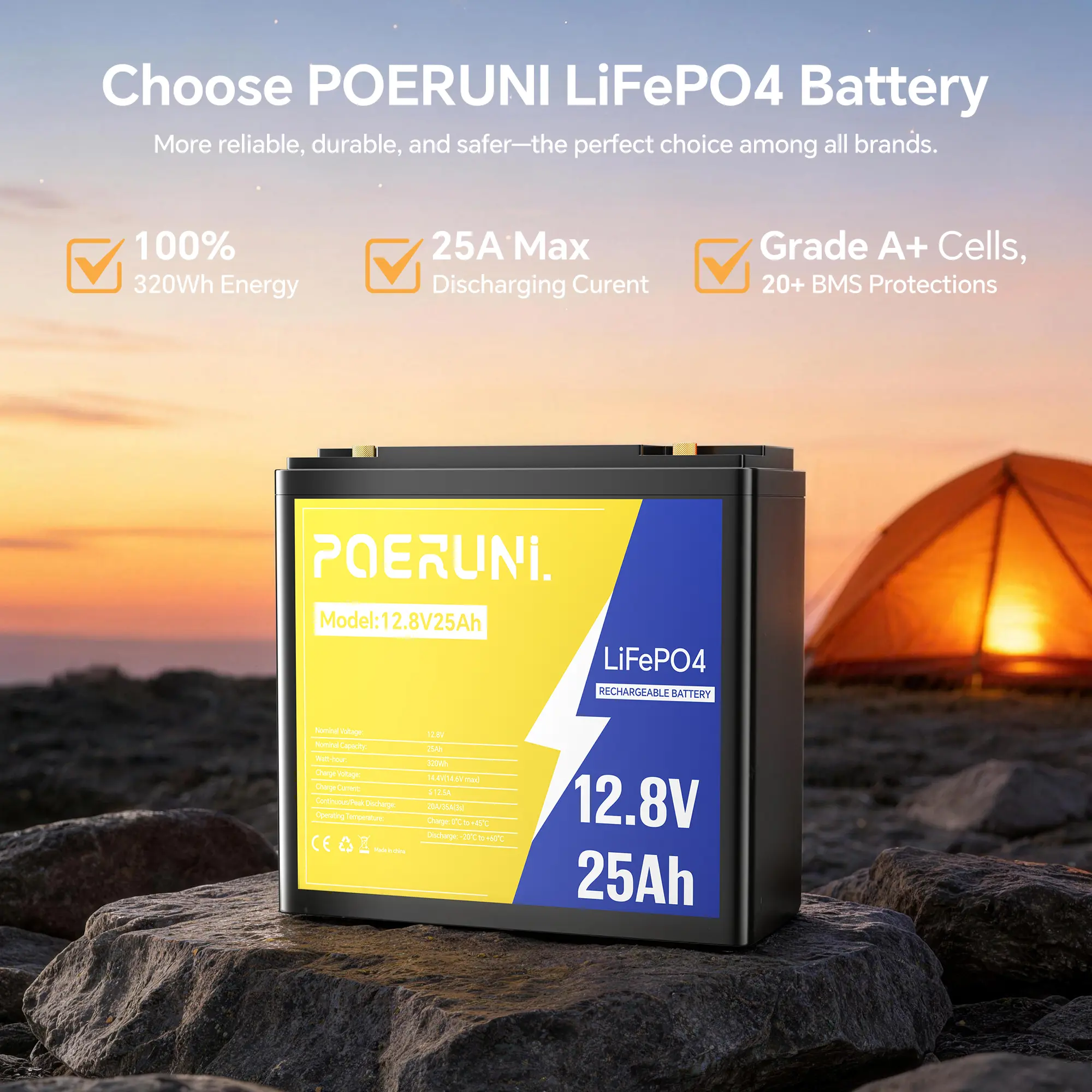 Grade A 12.8V 25Ah LiFePO4 Battery Pack, BMS Protected, Low Discharge for Outdoor Power Station, Trolling Motor