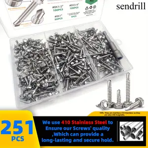 251pcs 410 Stainless Steel Self Tapping TEK Screws Assortment, #8 X 1/2'' To 1'' Hex Head Self Drilling Screws For Metal+1/4 Inch Hex Shank Socket Adapter