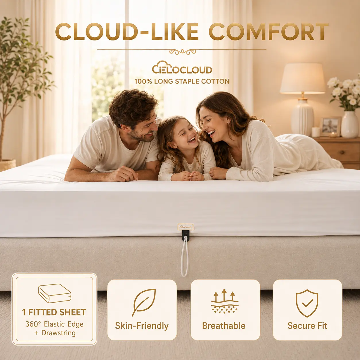 CieloCloud Egyptian Cotton Fitted Sheet, No Slip Drawstring Bed Sheet with 360° Elastic Strap, Ultra Soft Sateen Sheets, Breathable Cooling Comfort Deep Pocket Mattress Cover, Stay in Place All Night bedding
