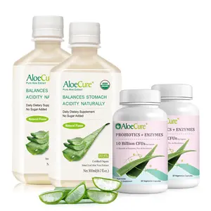 AloeCure Organic Aloe Vera Digestion Pack - 4 Pieces - 2 x 500ml Natural Flavor Juice, 2 x Probiotic + Enzyme