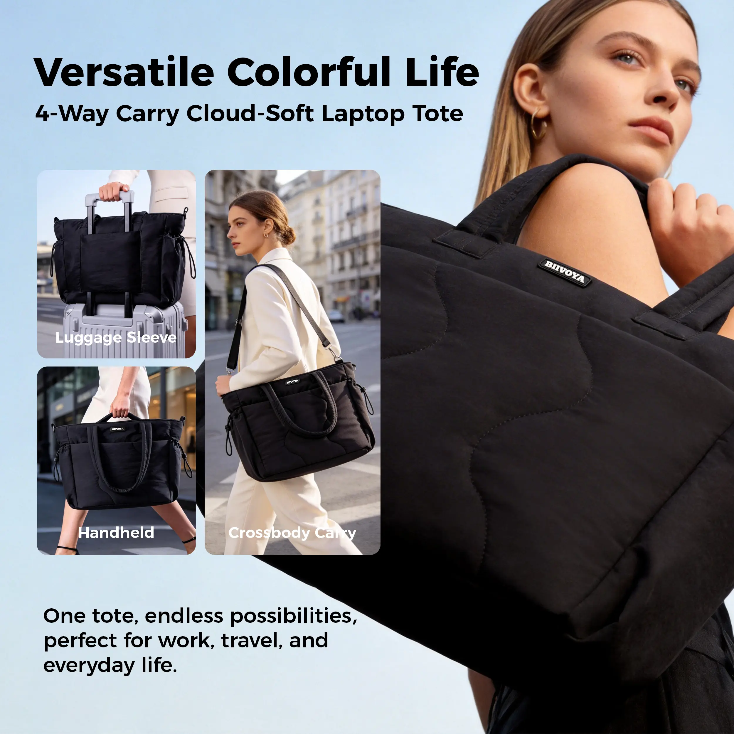 Quilted Puff Backpack Set with Wristlet Bag for Travel Work Gym BIIVOYA Summervibes Puffer Tote Bag for Women, 15.6 main image 3