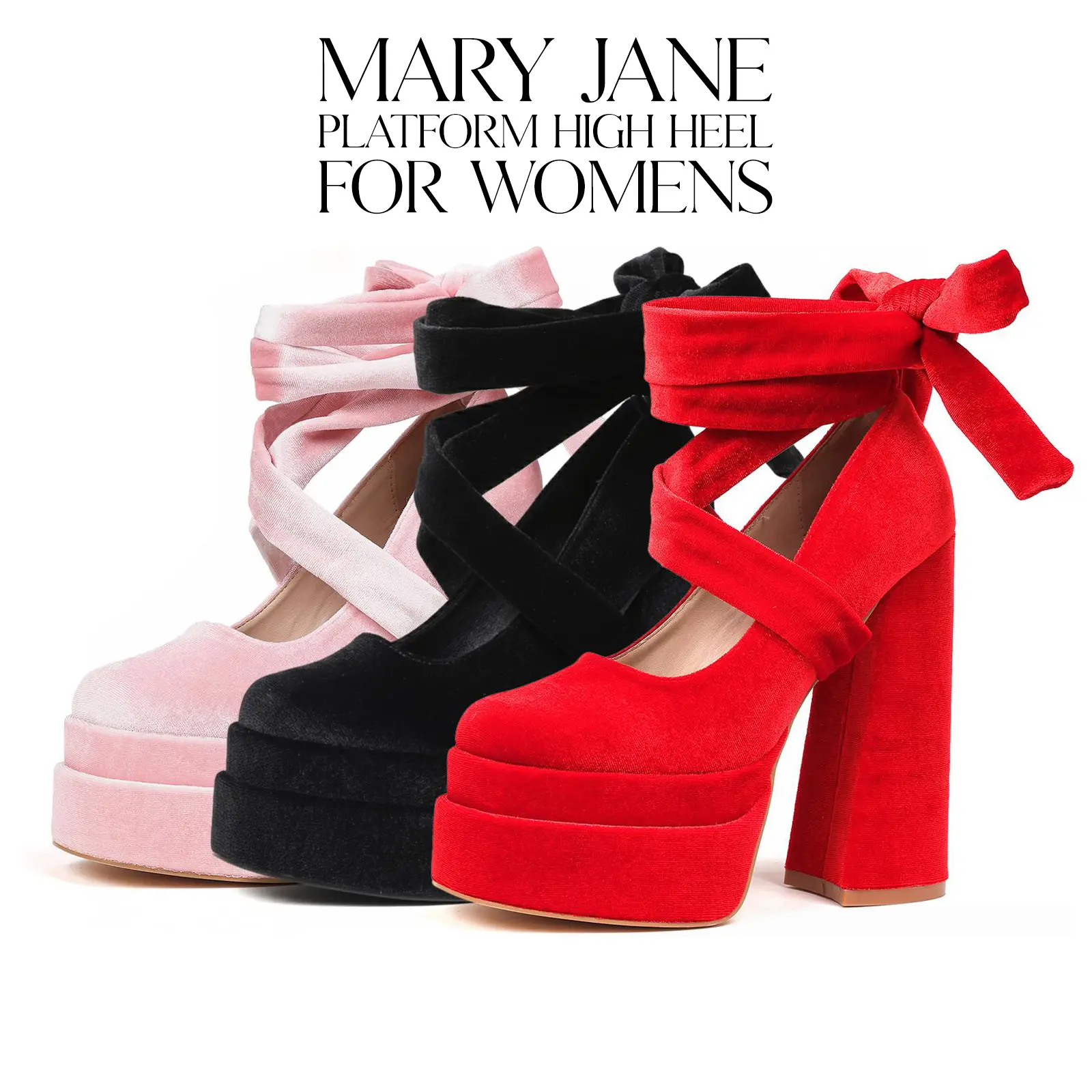CYNLLIO Womens Mary Jane High Heels Square Toe Cross Tied Lace Up Bow Slip On Comfy Platform Chunky Heeled Dress Outing Wedding Party Casual Cosplay  Summer Graduation Heels Pump Shoes