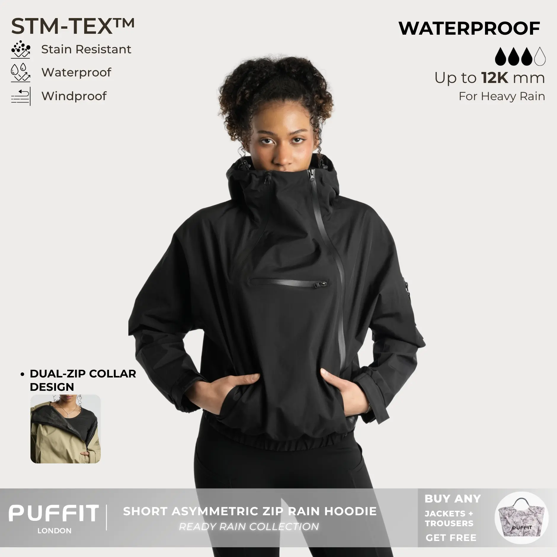 PUFFIT STM-TEX Short Rain Hoodie With Asymmetric Zip and Adjustable Hem,Chest Pocket Design,Fall Hooded Jacket,Waterproof Jacket,Women Jacket,Windbreaker,Winter Jacket,Dog Walking,School Running,Football Mum,Stylish,Womenswear,2026 Shopping
