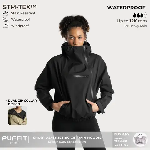 PUFFIT STM-TEX Short Rain Hoodie With Asymmetric Zip and Adjustable Hem,Chest Pocket Design,Fall Hooded Jacket,Waterproof Jacket,Women Jacket,Windbreaker,Winter Jacket,Dog Walking,School Running,Football Mum,Stylish,Womenswear,2026 Shopping